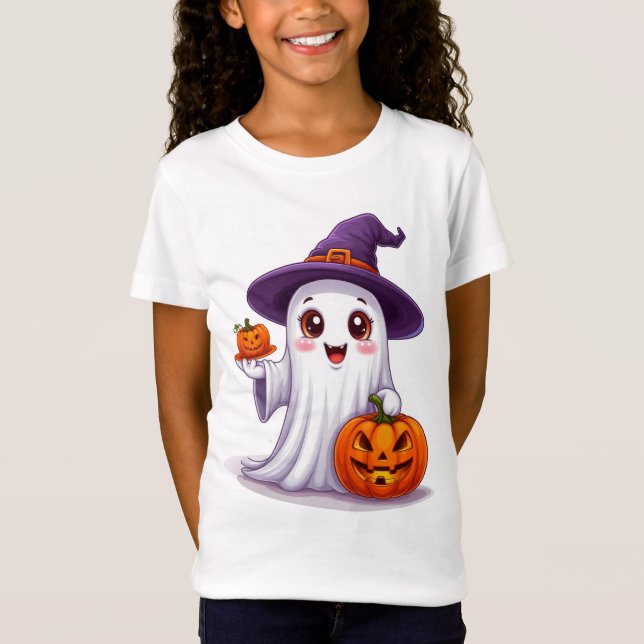 Camiseta Decoração Sazonal de Halloween com Fantasma e Abób (Frente)