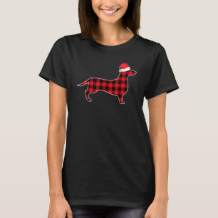Camiseta Decorações de Natal Dachshund Xadrez Vermelha Buff