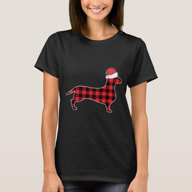 Camiseta Decorações de Natal Dachshund Xadrez Vermelha Buff (Frente)