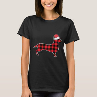 Camiseta Decorações de Natal Dachshund Xadrez Vermelha Buff