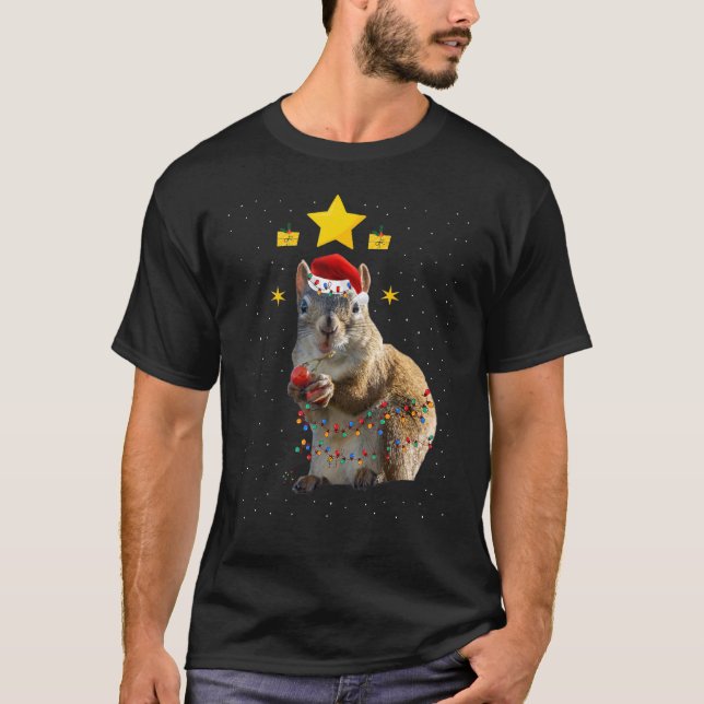 Camiseta Decorações de Natal do Esquilo Santa Hat Xmas Ligh (Frente)