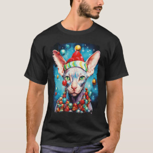 Camiseta Decorações de Natal Pop Art Gato Sem Pelo Sphynx