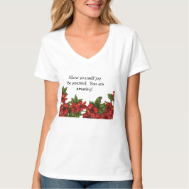 Camiseta decote V com desenho de hibisco