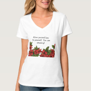 Camiseta decote V com desenho de hibisco