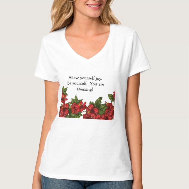 Camiseta decote V com desenho de hibisco  (Frente)