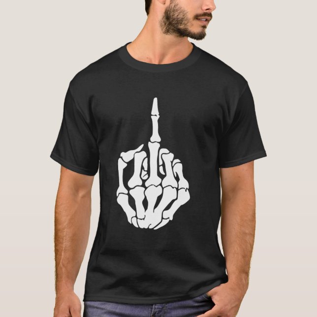 Camiseta Dedo Médio do Esqueleto do Dia de as Bruxas engraç (Frente)