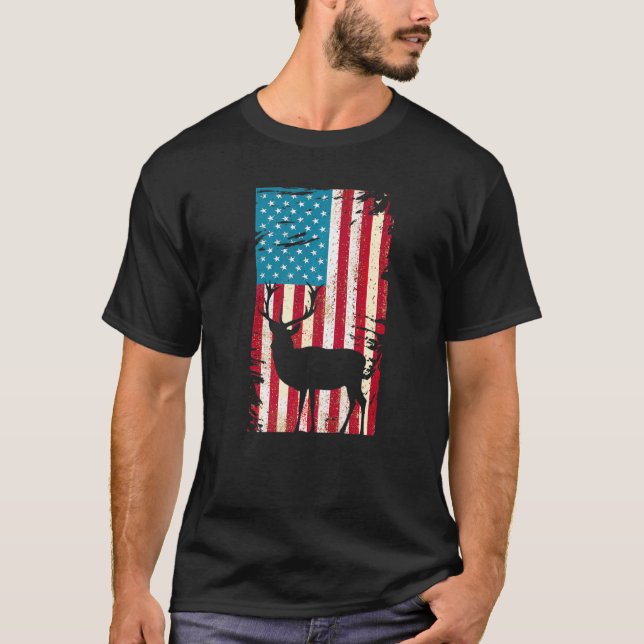 Camiseta Deer Elk Caça Bandeira Patriótica Americana 4º De  (Frente)