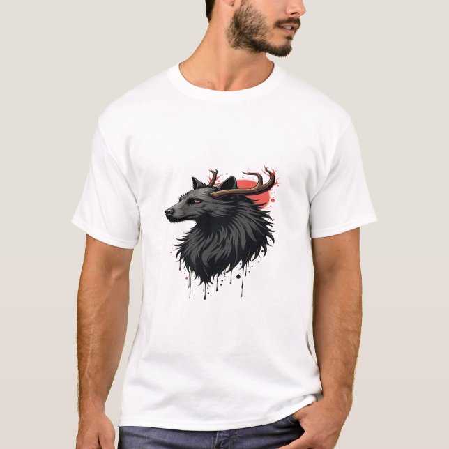 Camiseta "Deer Head com Lua Atrás - Teto Gráfico Artístico (Frente)