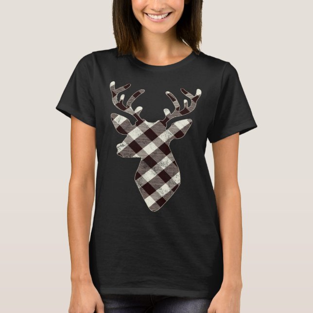 Camiseta Deer Head  Retro White Buffalo Plaid Christmas (Frente)