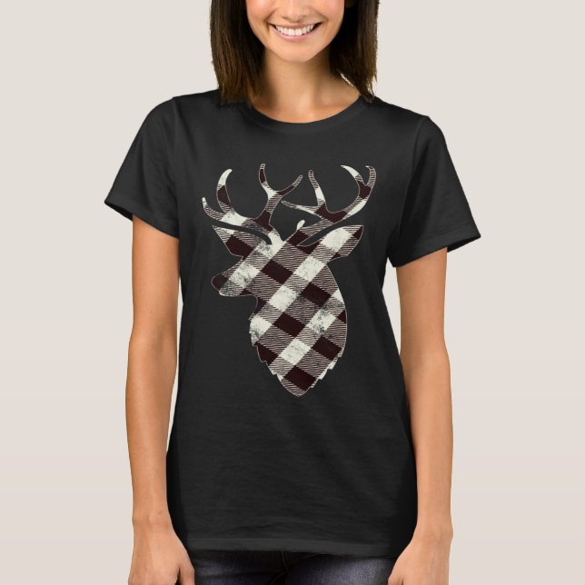 Camiseta Deer Head Silhouette  White Buffalo Plaid Christma (Frente)