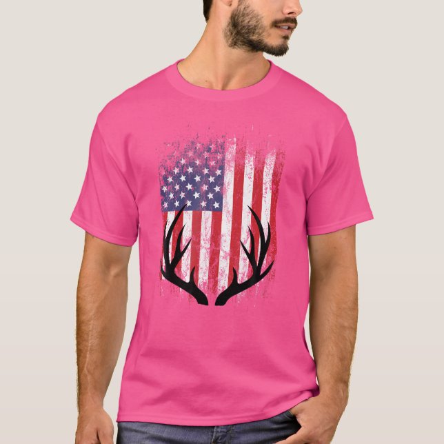 Camiseta Deer Hunting American Flag Whitetail Buck Antlers (Frente)