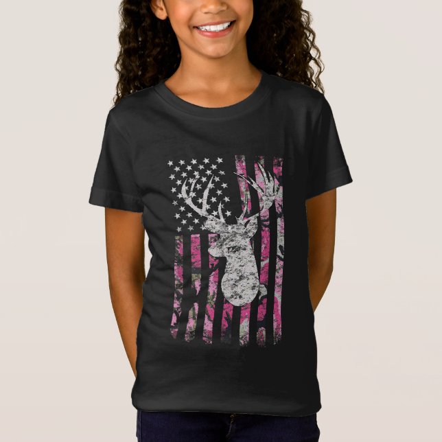 Camiseta Deer Hunting Camo American Flag Pink Buck (Frente)