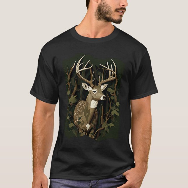 Camiseta Deer Hunting Green Brown Camo Camouflage Artwork   (Frente)