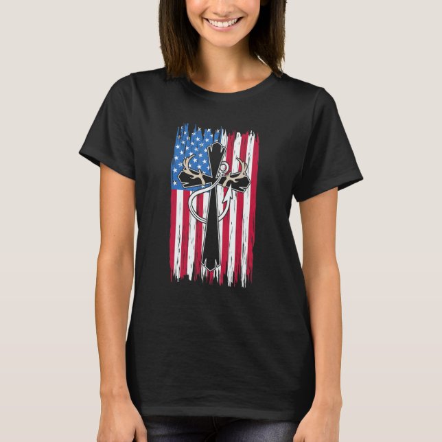 Camiseta Deer Hunting Hunter  Us Flag Deer Hunting & Fishin (Frente)