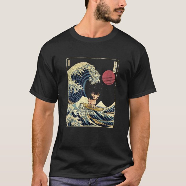 Camiseta Deer Kanagawa Wave Surf Engraçado (Frente)