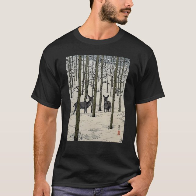 Camiseta Deer Nara Forest Snow Winter Aspen Japanese Ukiyo  (Frente)