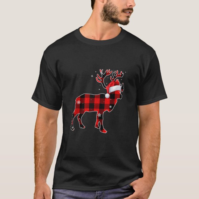 Camiseta Deer Reindeer Buffalo Xadrez Santa Hat Xmas Deer C (Frente)