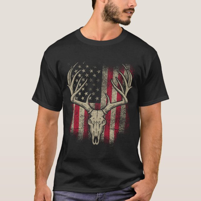 Camiseta Deer Skull Hunter American Flag Deer Hunting EUA (Frente)