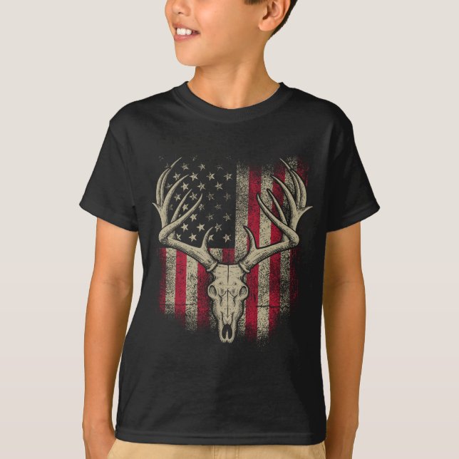 Camiseta Deer Skull Hunter American Flag Deer Hunting EUA (Frente)
