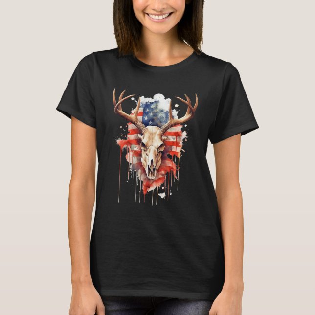 Camiseta Deer Skull With USA Flag For Proud American Deer H (Frente)