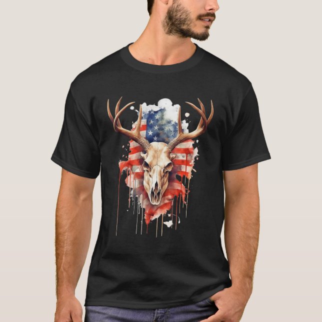 Camiseta Deer Skull With USA Flag For Proud American Deer H (Frente)