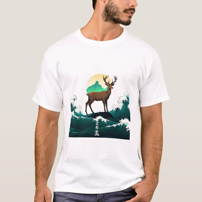 Camiseta Deer Wave Art - Ukiyo-e Moonlight Design (Frente)