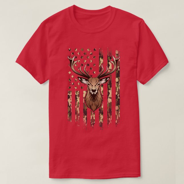 Camiseta Deer Whitetail Buck American Camo EUA Flag Deer Hu (Frente do Design)