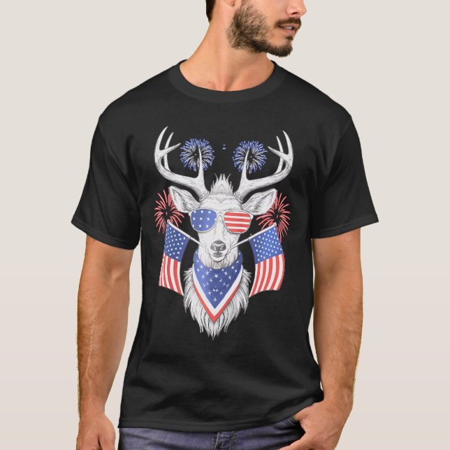 Camiseta Deers With America Flag Western 4 De Julho Huntin (Frente)