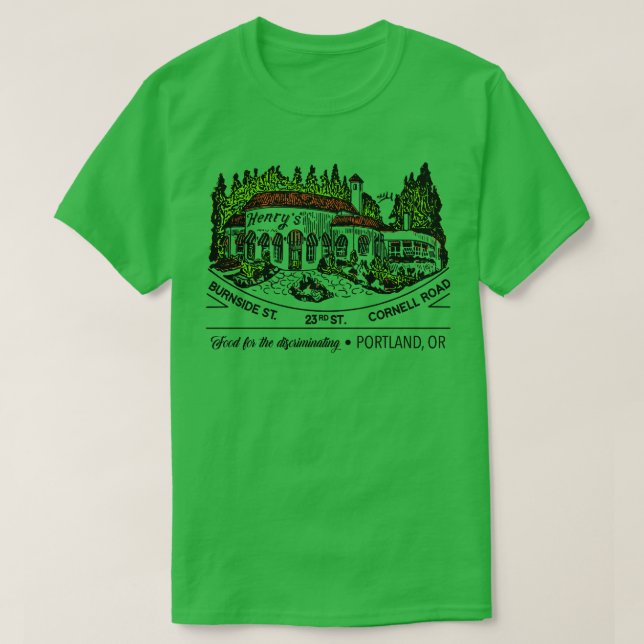 Camiseta Defunct Henrys Restaurant Portland Oregon (Frente do Design)