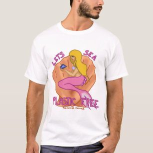 Camiseta Deixa o plástico do mar livre! Sereia cor-de-rosa
