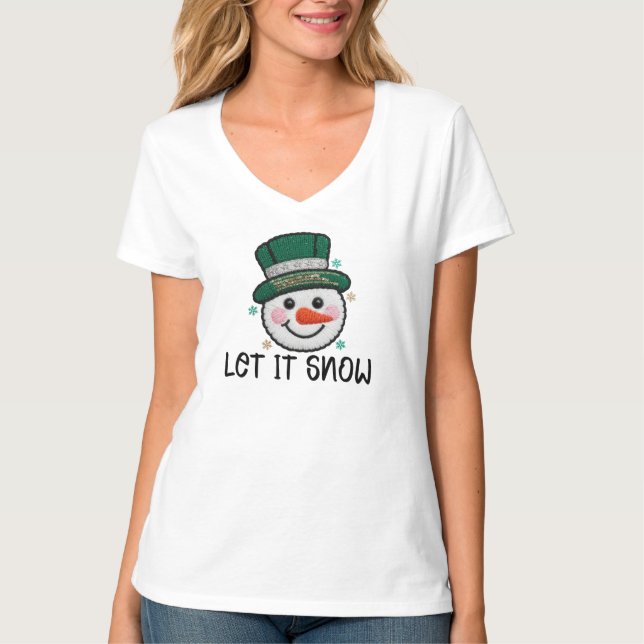 Camiseta Deixe Nevar, Boneco de Neve de Crochê Falso (Frente)