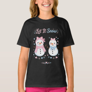 Camiseta Deixe Nevar Laço Rosa Homem de Neve Pastel Natal F