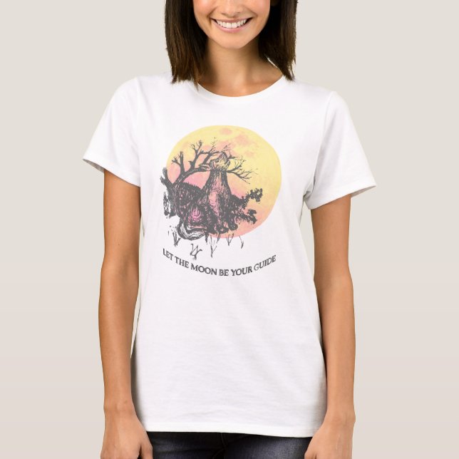 Camiseta Deixe o guia da lua, Wolf on Moon, cartas lindas (Frente)