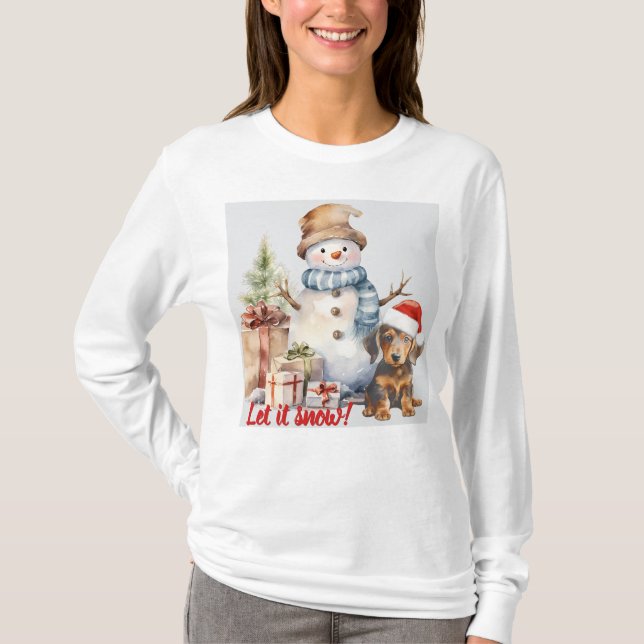 Camiseta Deixe-o Neve Dachshund e Snowman Holiday (Frente)