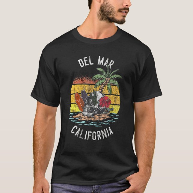 Camiseta Del Mar Beach California Palms Skull Surf Sunset V (Frente)