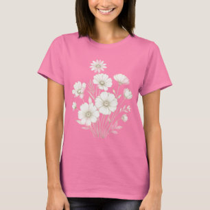 Camiseta Delicado Buquê de Cosmos em Linha Arte com Graça