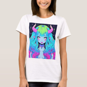 Camiseta Demônio da Garota Azul, Rosa e Animação Verde