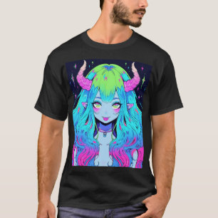 Camiseta Demonio de Anime Kawaii Azul, Rosa e Verde