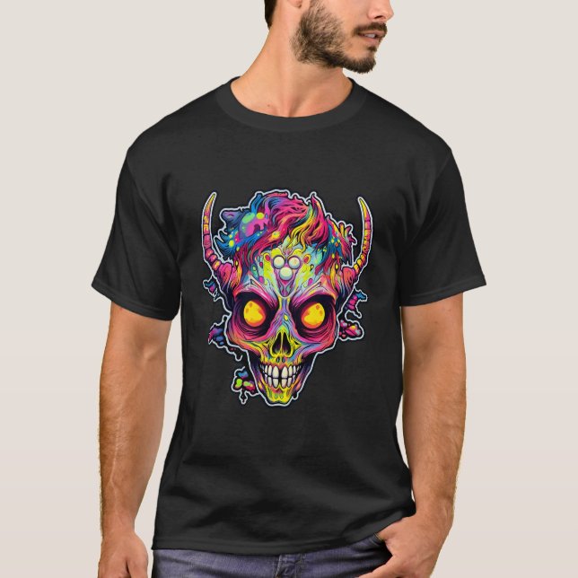 Camiseta Demônio do crânio de neon assustador (Frente)
