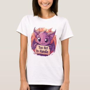 Camiseta Demônio Fofo Segurando uma Placa de "Muito Quente