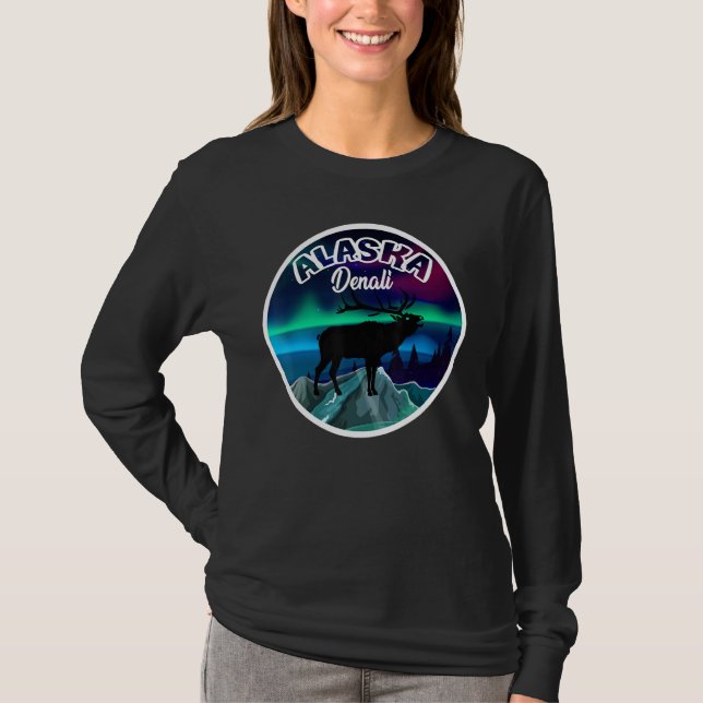 Camiseta Denali Luzes do Norte do Alasca Alce (Frente)
