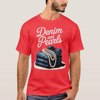 Camiseta Denim e Pérolas para Mulheres 2025 Denim com Pérol