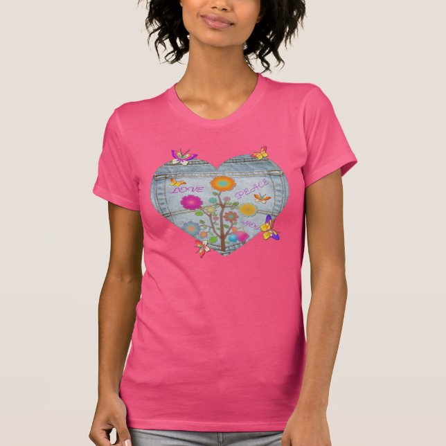 Camiseta Denim Pocket Heart Flowers Borboletas Rosa (Frente)