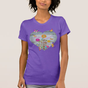 Camiseta Denim Pocket Heart Flowers Borboletas Roxo