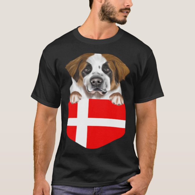 Camiseta Denmark Flag St Bernard Dog In Pocket (Frente)