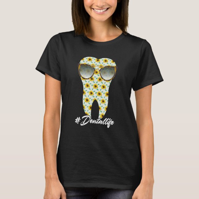 Camiseta Dental Life Tooth Sunflower Leopard Dentist Dental (Frente)