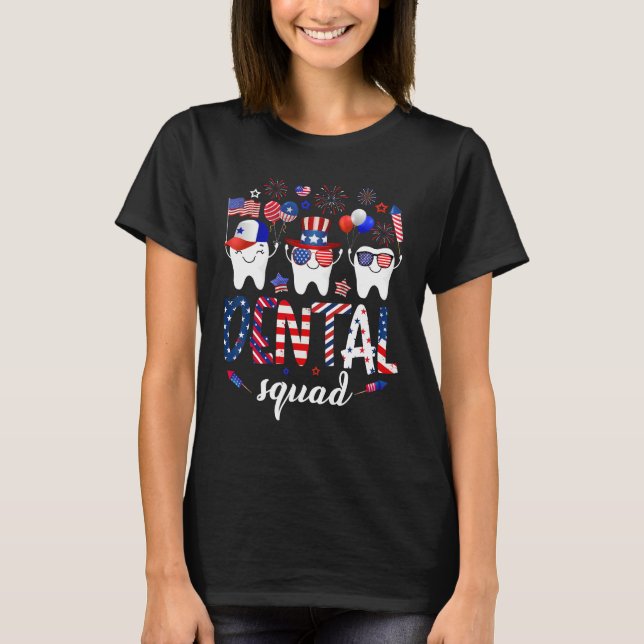 Camiseta Dental Squad Cute Teeth USA Flag Fireworks 4th Of  (Frente)