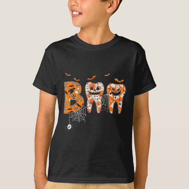 Camiseta Dente Boo Dente Bompkin Dentista Halloweista Denta (Frente)