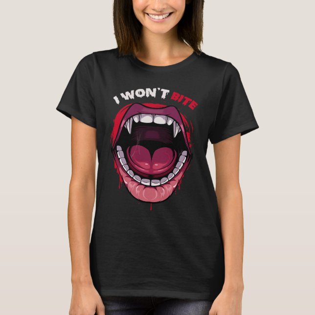 Camiseta Dentes de vampiro Lábios vermelhos mordem o fã do  (Frente)