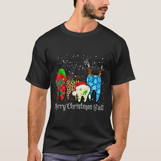 Camiseta Dentist Teeth Santa Hat Leopard Plaid Dental Merry (Frente)